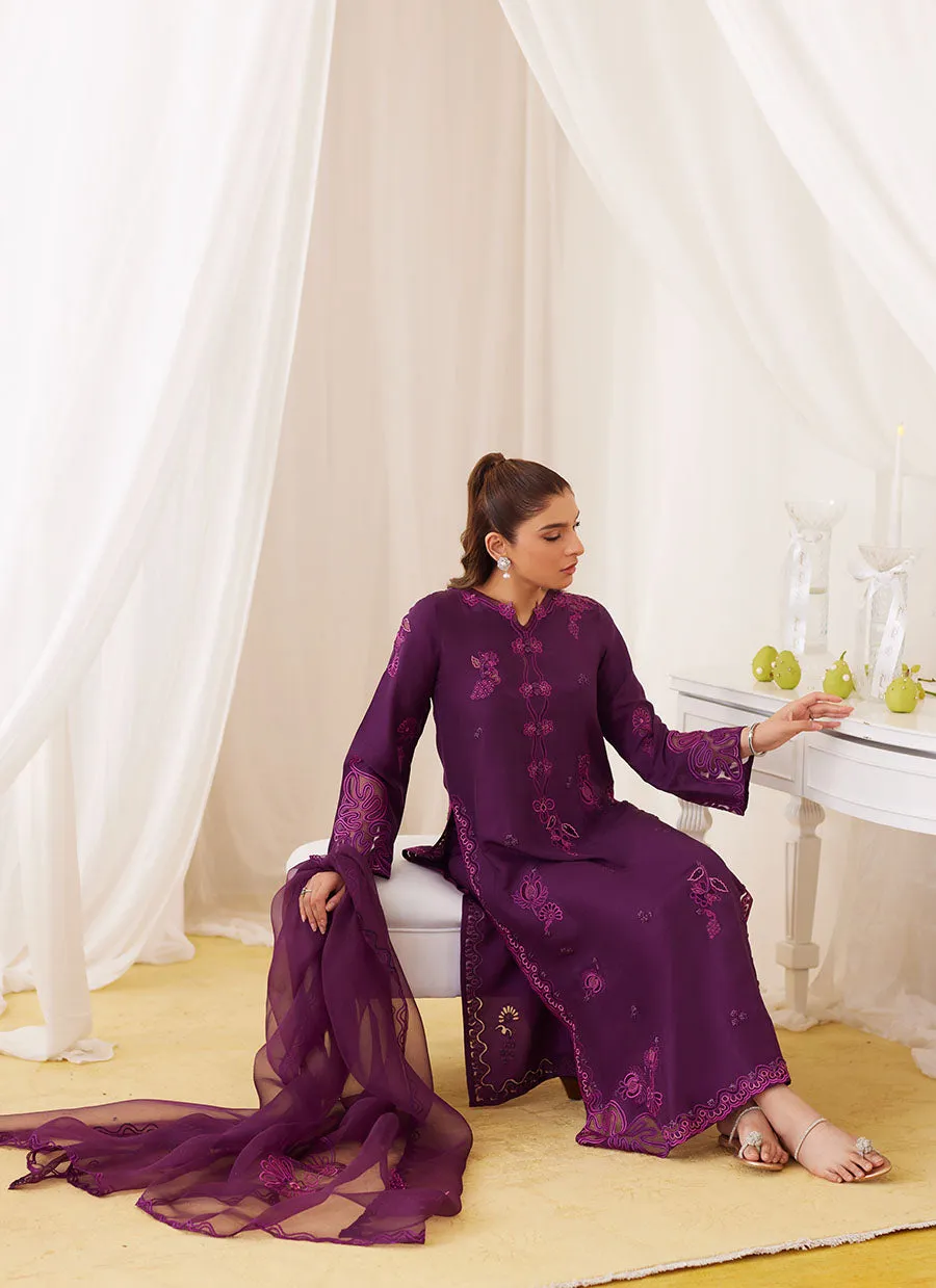 Teo Eggplant Embroidered Shirt And Dupatta