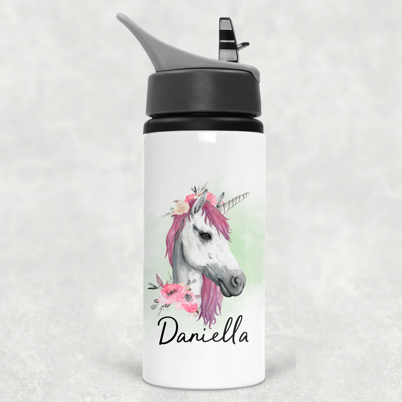 Unicorn Watercolour Personalised Aluminium Straw Water Bottle 650ml