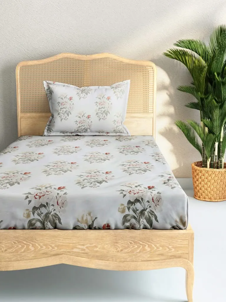 Westside Home Aqua Floral Peony 210TC Sateen Single Bedsheet With One Pillowcase