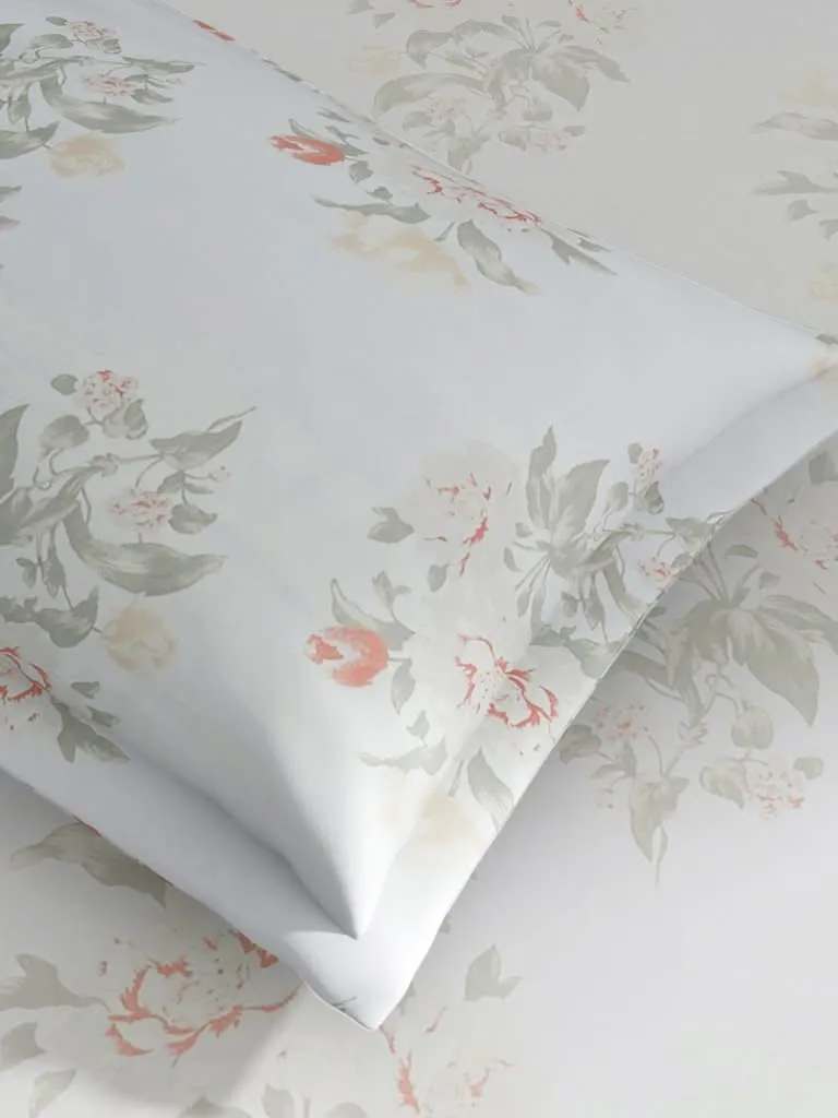 Westside Home Aqua Floral Peony 210TC Sateen Single Bedsheet With One Pillowcase