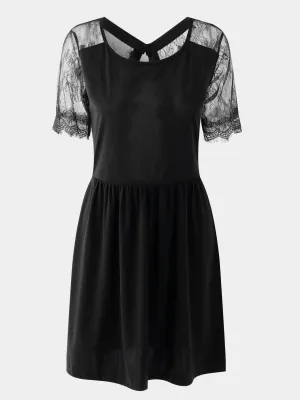 Wholesale Black Round Neck Short Sleeve Plain Crochet Lace Embellished Cut Out See Through Mini Dress