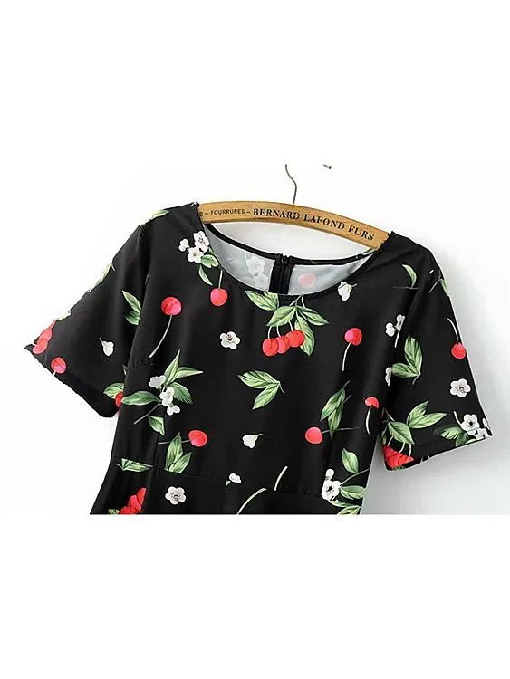 Wholesale Round Neck Short Sleeve Floral Print Zip Back Mini Dresses