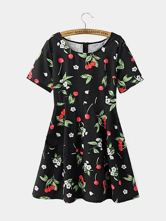 Wholesale Round Neck Short Sleeve Floral Print Zip Back Mini Dresses