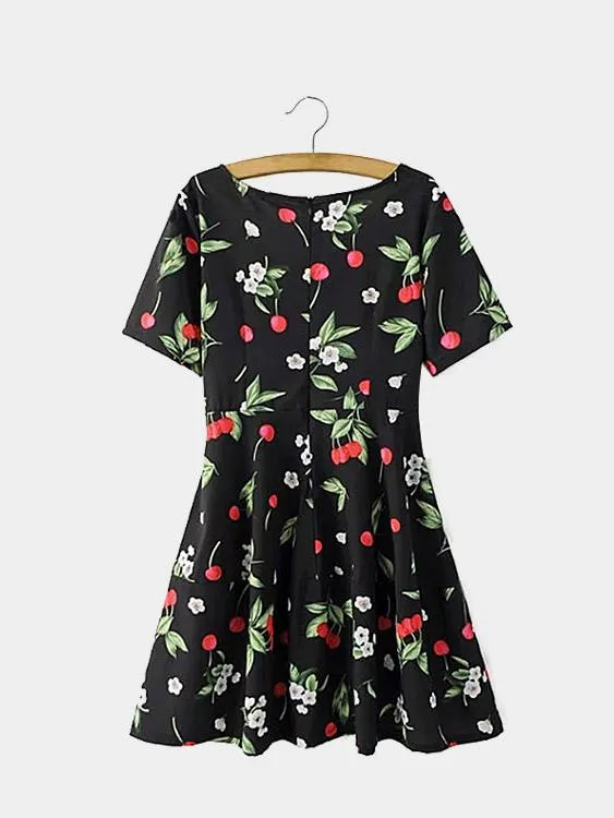 Wholesale Round Neck Short Sleeve Floral Print Zip Back Mini Dresses