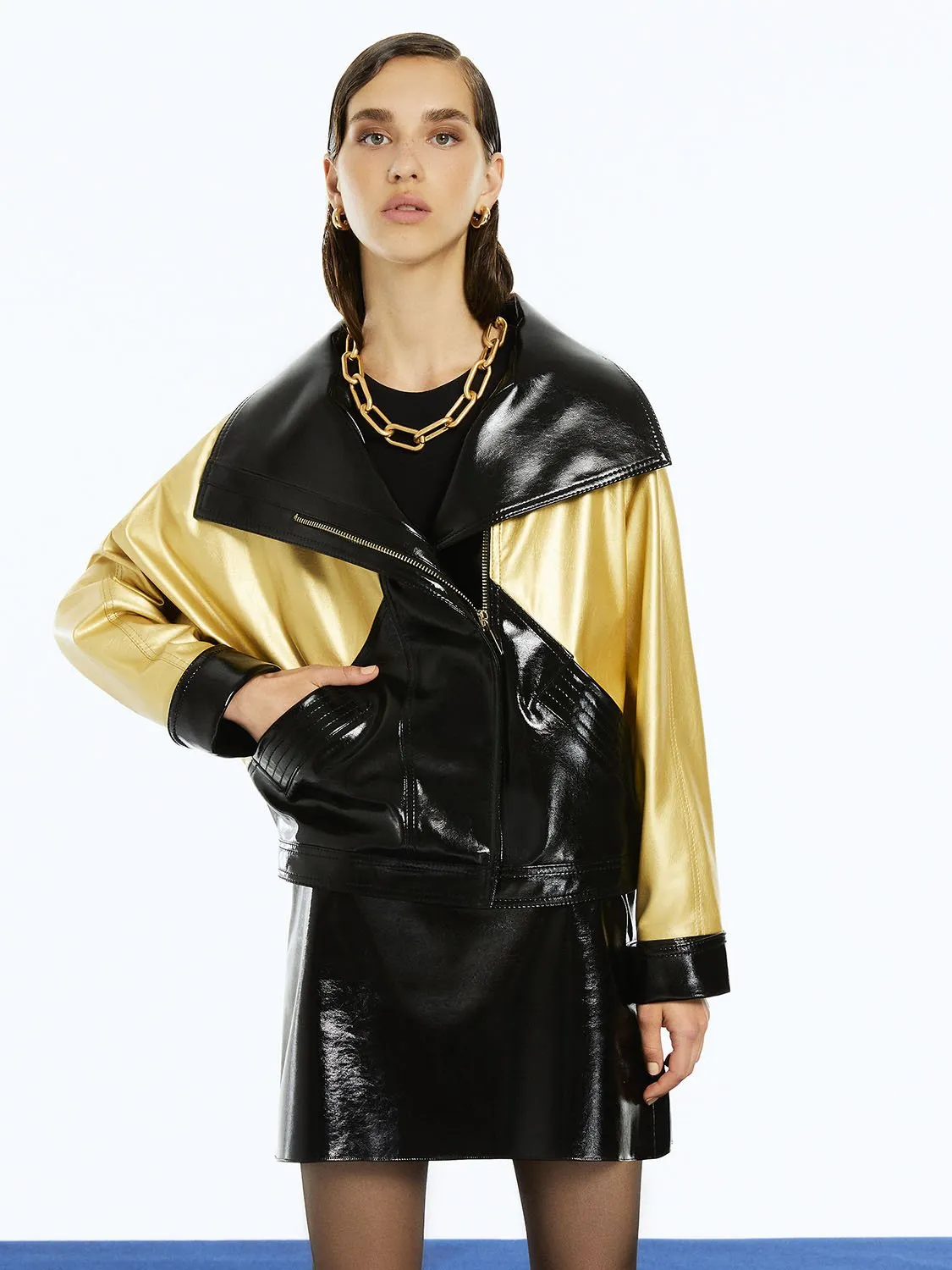 Wide Collar Patent Faux Leather Jacket