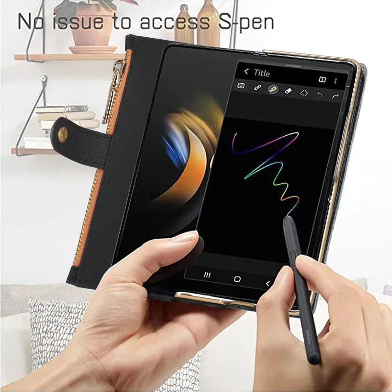 With S Pen Holder Leather Wallet Case For Samsung Galaxy Z Fold 5 4