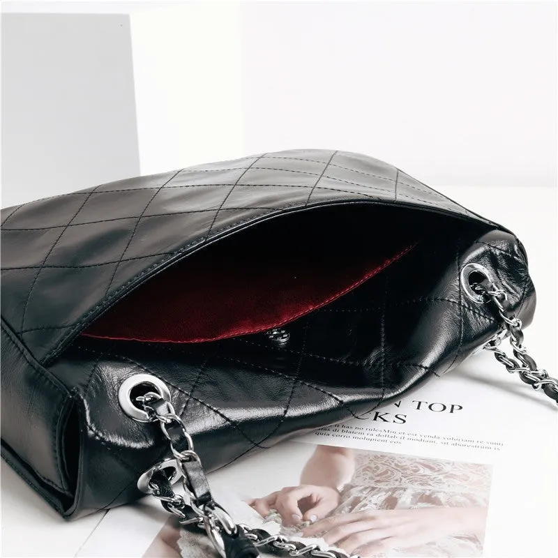 Womens Quilted Leather Chain Strap Shoulder Bag