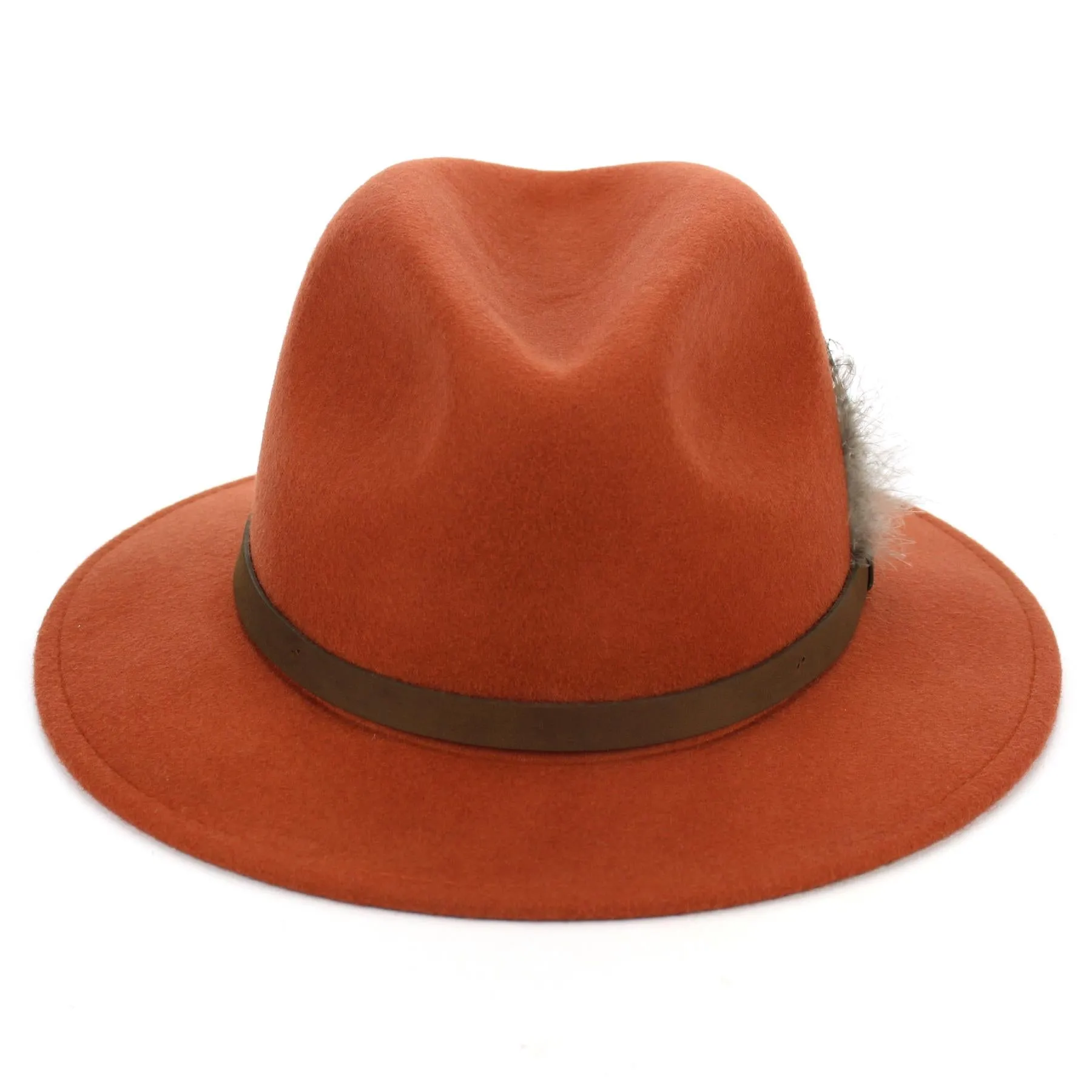 Wool Felt Fedora with Feather - Burnt Orange