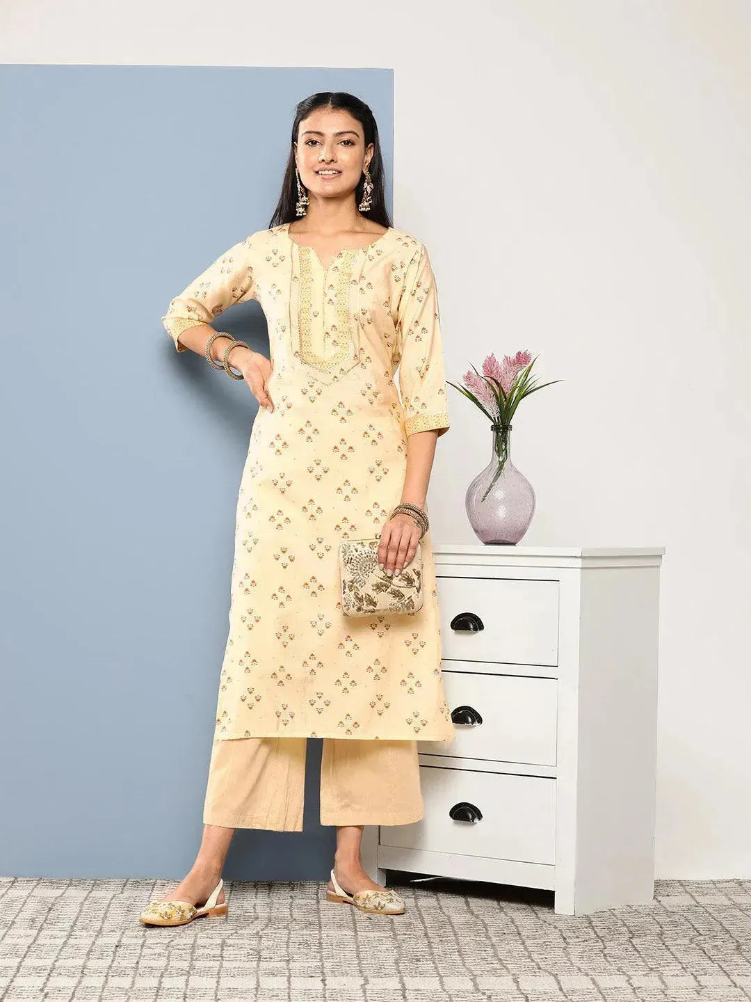 Yellow Printed Silk Straight Kurta