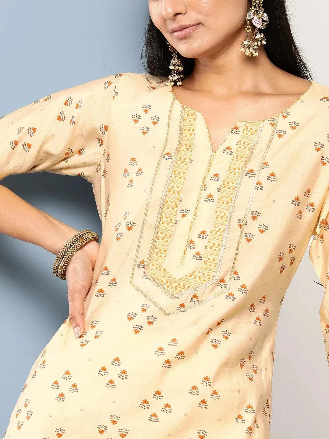 Yellow Printed Silk Straight Kurta