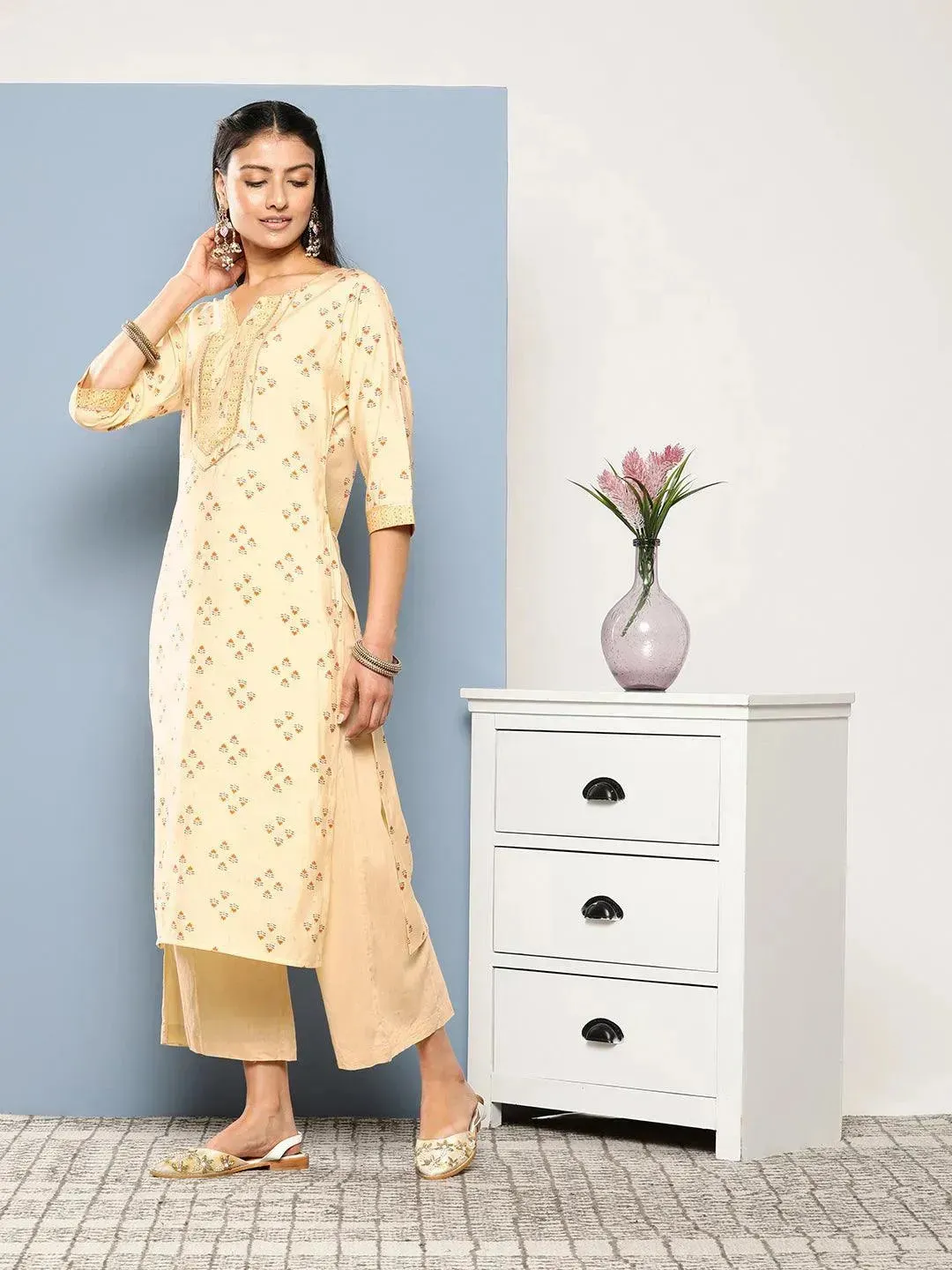 Yellow Printed Silk Straight Kurta