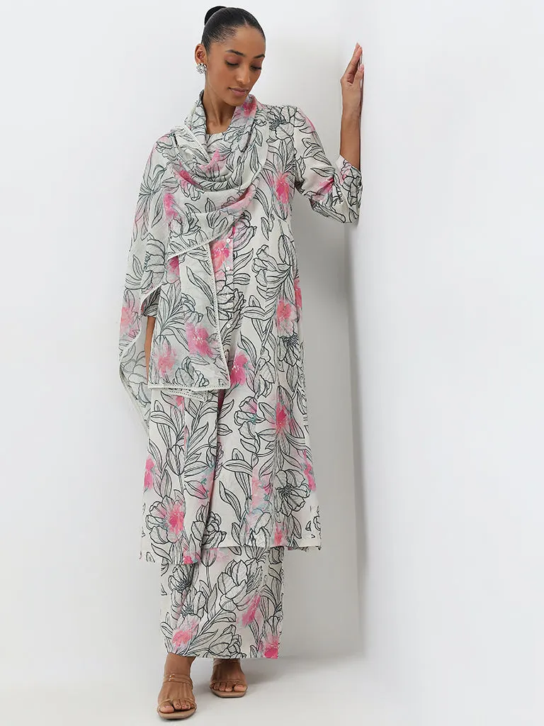 Zuba Off-White Botanical Printed Stole